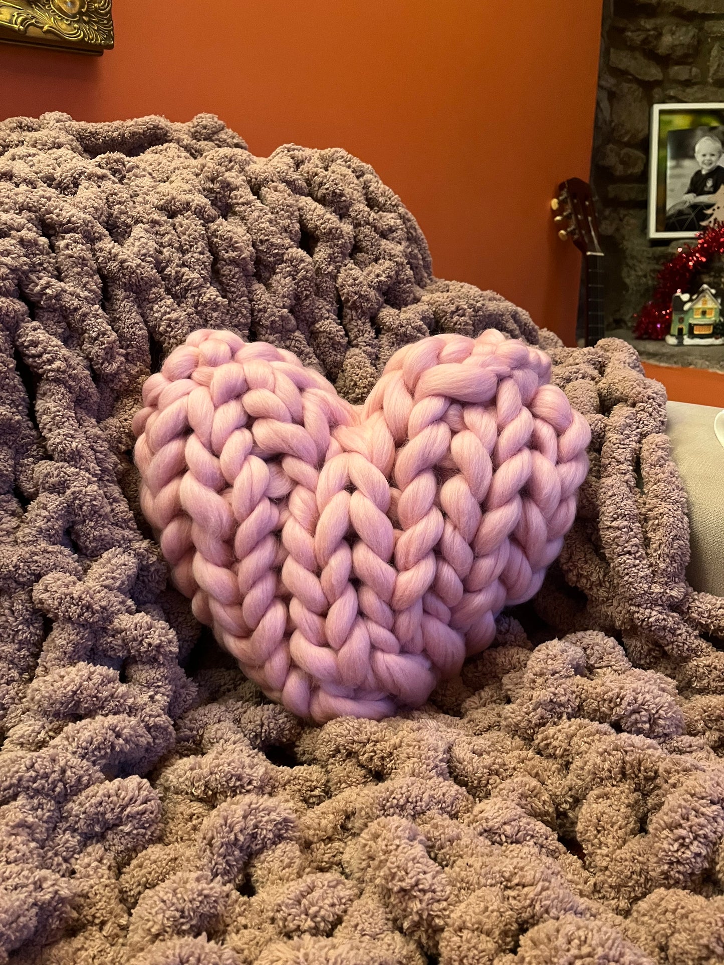 Chunky knit heart cushion